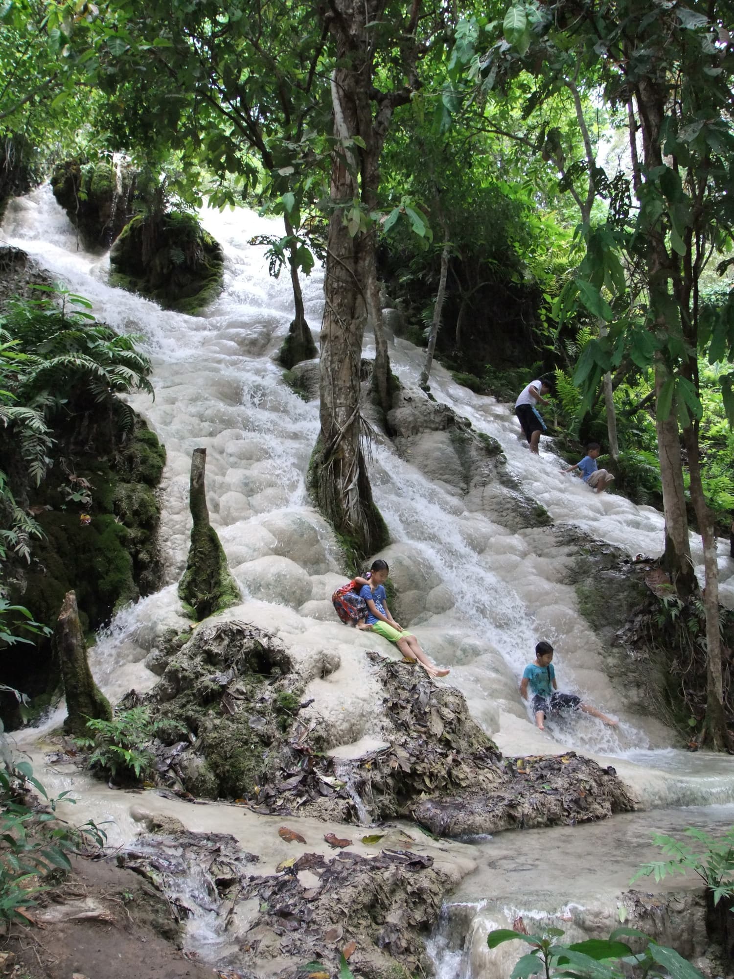 White limestone terraces of Bua Tong Waterfall in the forest