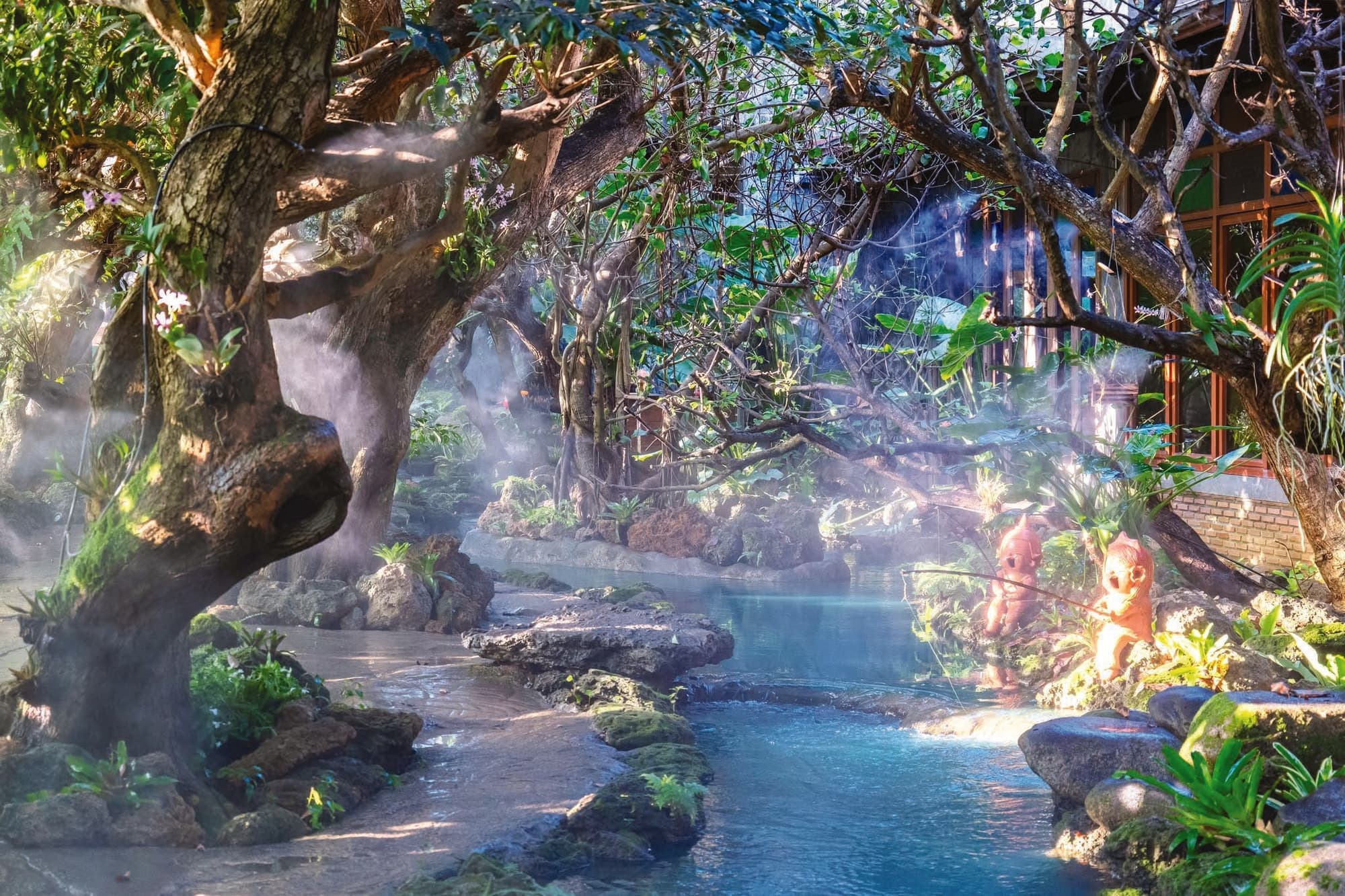 Turquoise stream and gnarled trees in the misty gardens of Dantewada