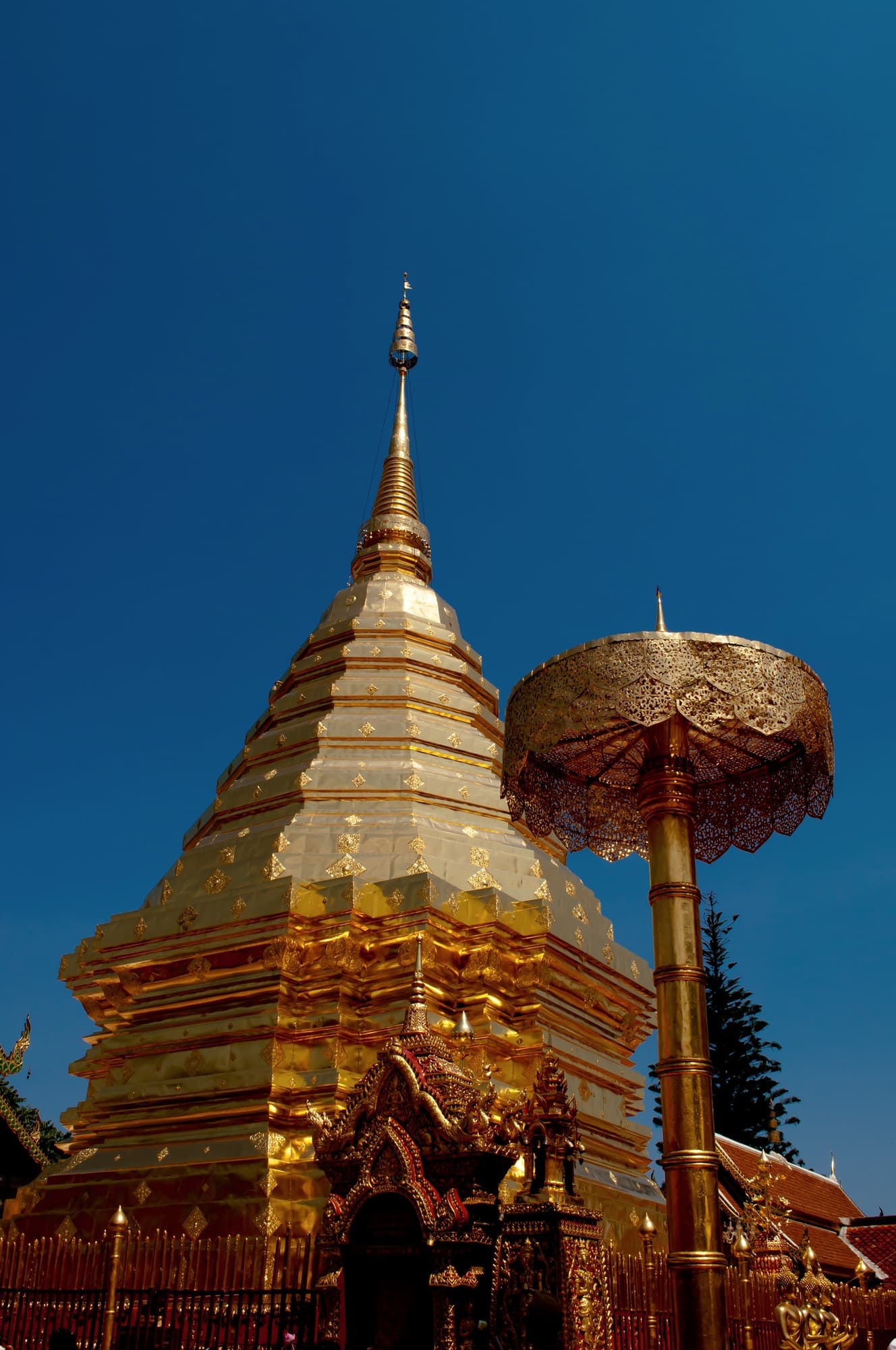 Golden chedi and ceremonial umbrella at Wat Phra That Doi Suthep